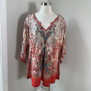 Live and Let Live Womens Plus 3X Paisley V Neck Tunic Top 3/4 Sleeve Shirt
